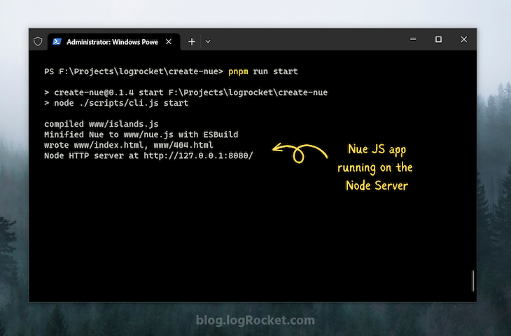 Developer Terminal With Yellow Arrow And Text Indicating Lines Showing Nue Js App Running On Node Server
