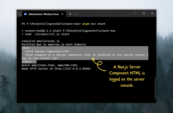 Developer Terminal With Yellow Arrow And Text Indicating Lines Where Nue Js Server Component Markup Is Logged On Server Console