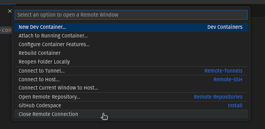 Vs Code Command Palette With User Pointer Hovering Over Option To Close Remote Connection