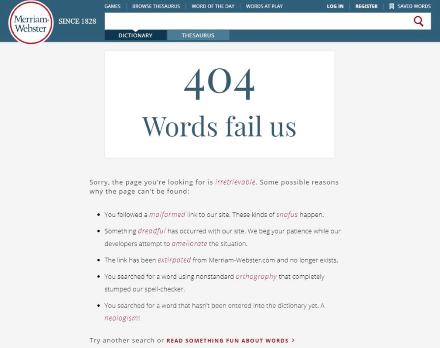 Merriam Webster 404 Error Message