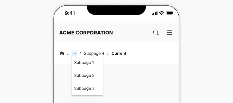 Root Page Intact in Breadcrumb Trail with Dropdown Menu