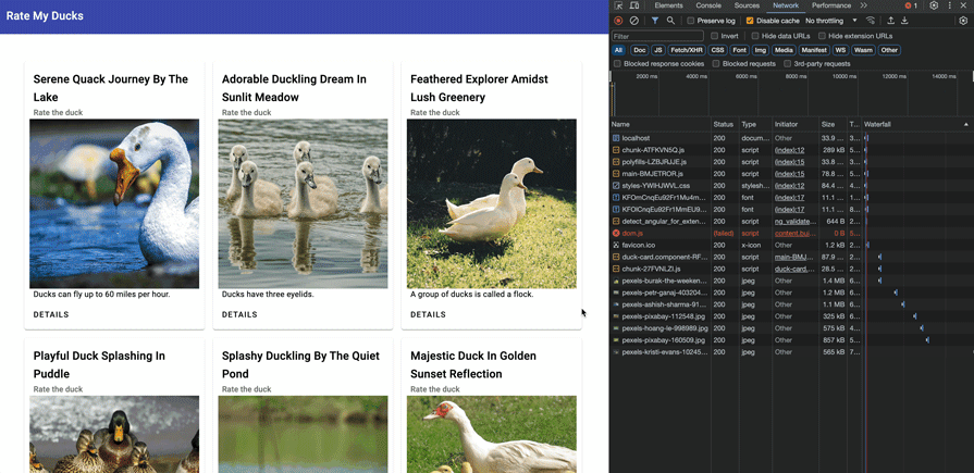 Demo Of Deferring Component Load On Hover. Initial Page Is Loaded With Placeholders For Every Duck Card Saying Wait For The Duck. User Shown Hovering Over Each Component To Load It With Chrome Devtools Showing How Component Is Fetched And Loaded Only After Hover
