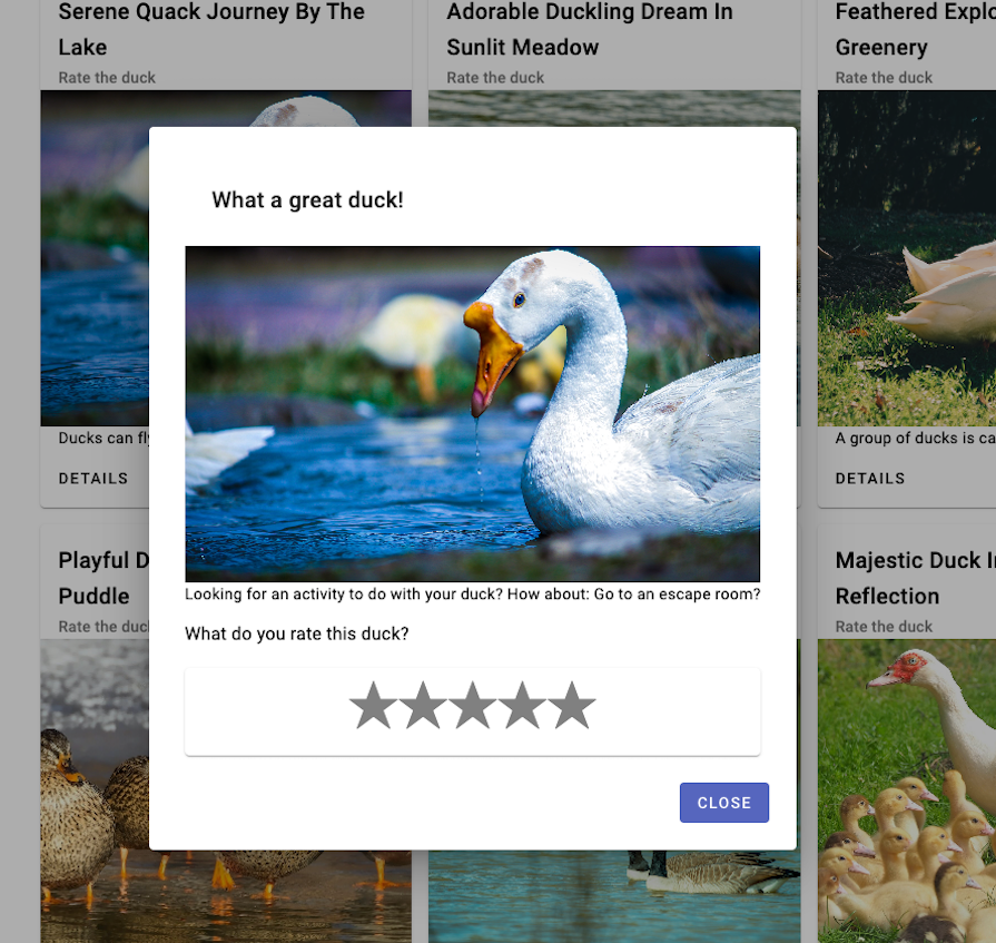Duck Card Component Details Page Open To Show Duck Image, Activity Suggestion, And Option To Rate Duck Out Of Five Stars