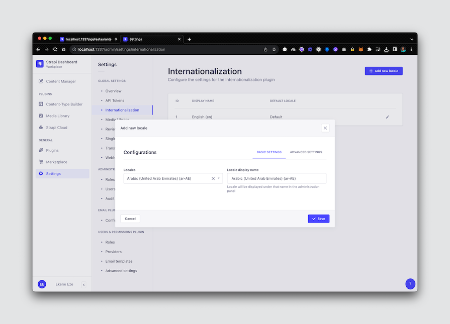 Strapi Dashboard Open To Internationalization Settings With New Locale Being Set Up By User