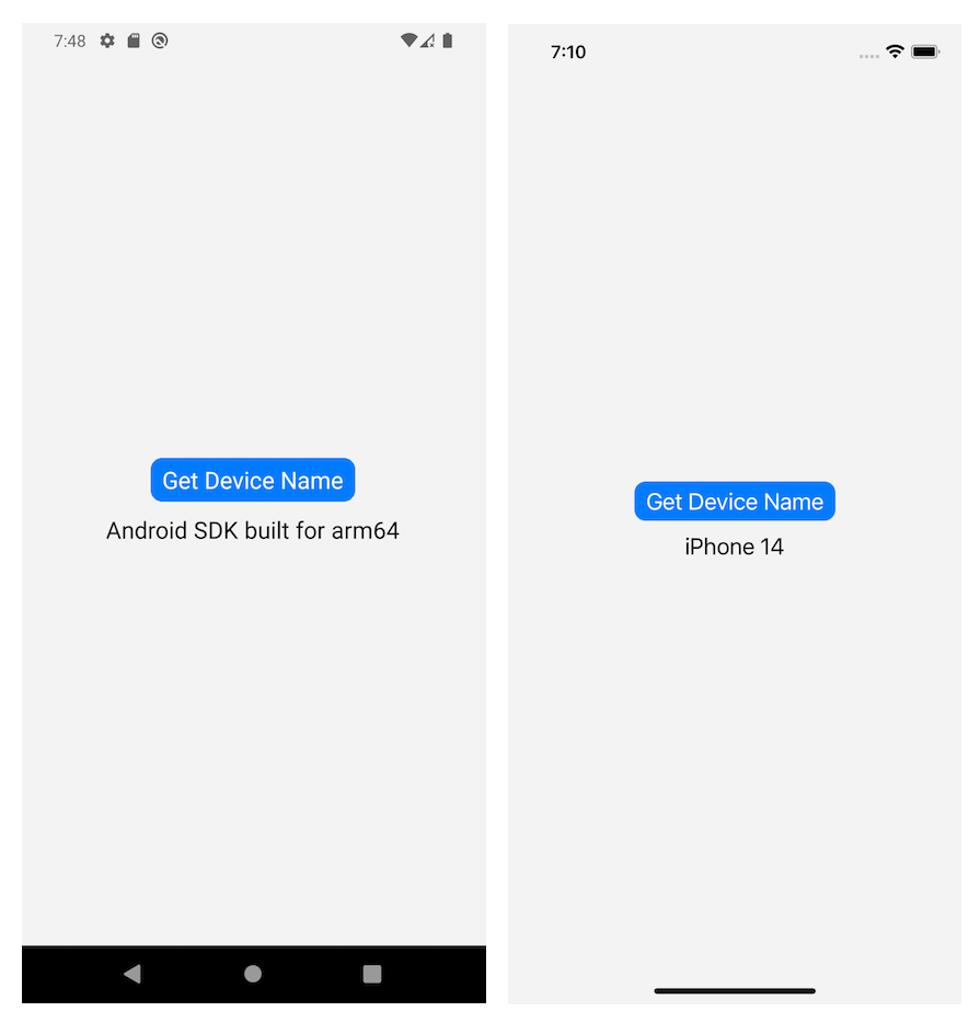 Side By Side Comparison Of App To Retrieve Device Name Displayed On Android (Left) And Ios (Right) Devices. App Shows Button To Retrieve Device Name Above Displayed Device Info