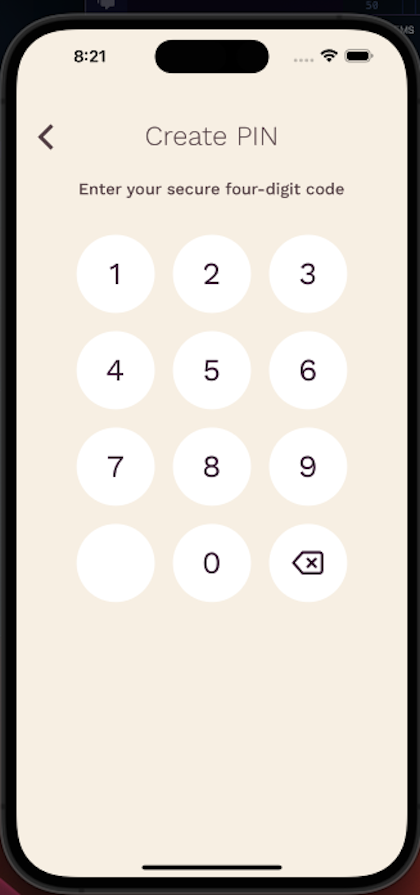 React Native Number Pad User Interface Set Up Displaying Screen Titled Create Pin With Prompt To Enter Secure Four Digit Code And Number Pad Below Including Blank Button And Back Button