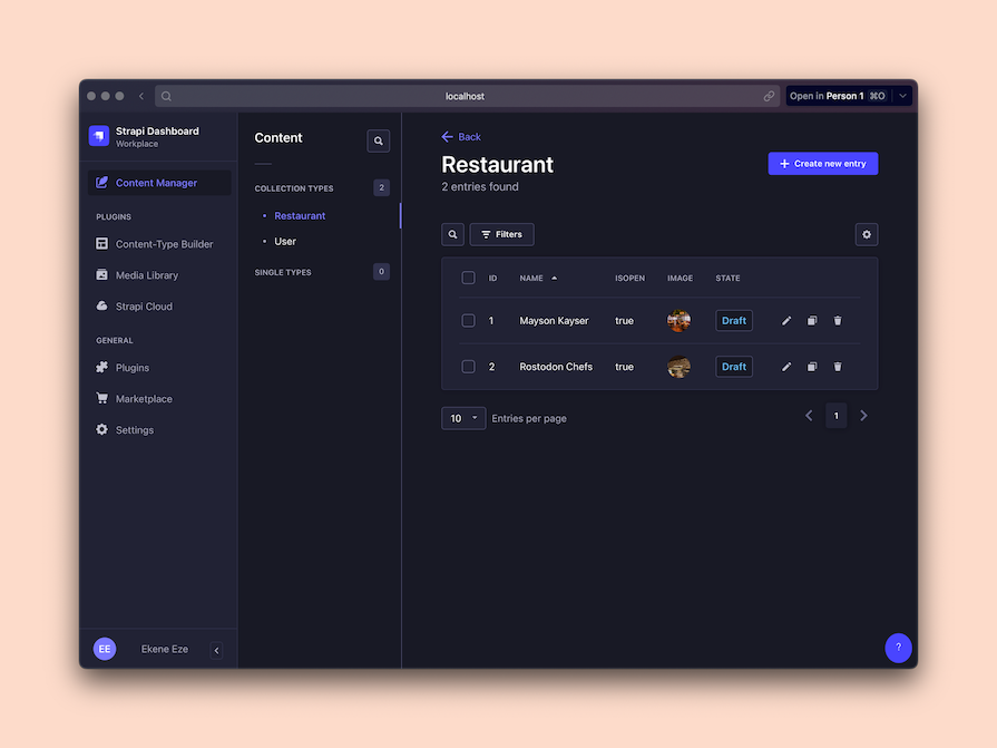 Demo Restaurant Collection Set Up With Two Restaurant Entries Added To Content Schema