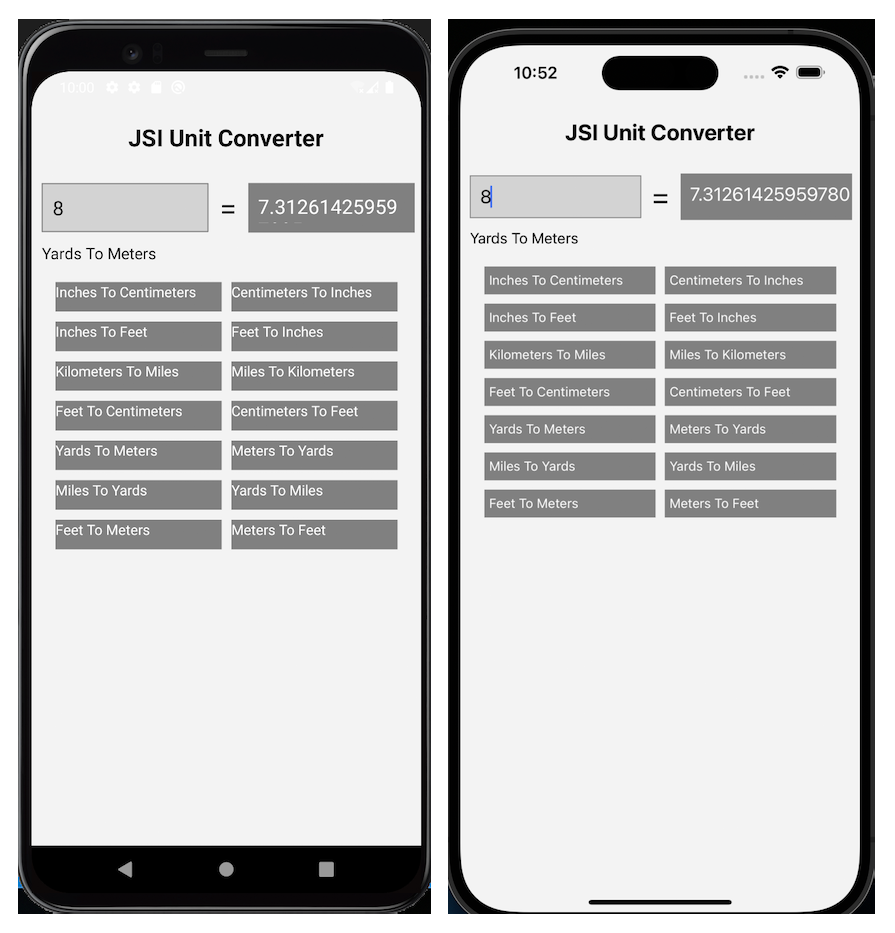 Side By Side Display Of App To Convert Measurement Units On Android (Left) And Ios (Right) Devices. App Shows Text Input For Desired Value To Convert, Converted Value, And Different Conversion Options To Select Between