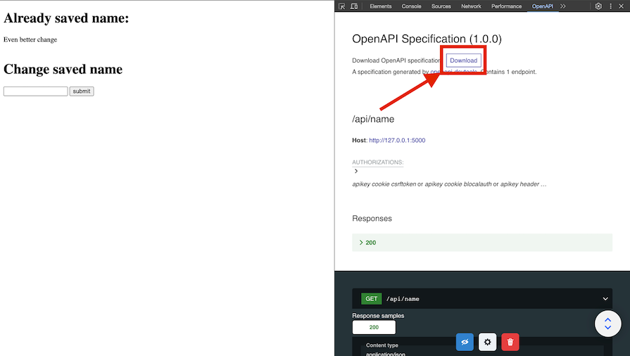 Red Box Outline With Red Arrow Pointing To Button To Download Openapi Specifications Created Using Openapi Devtools In Openapi Specification Format