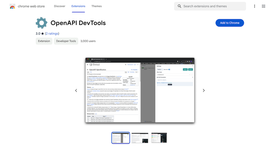 Openapi Devtools Page Open In Chrome Web Store To Show Extension Info And Button To Add Extension To Chrome