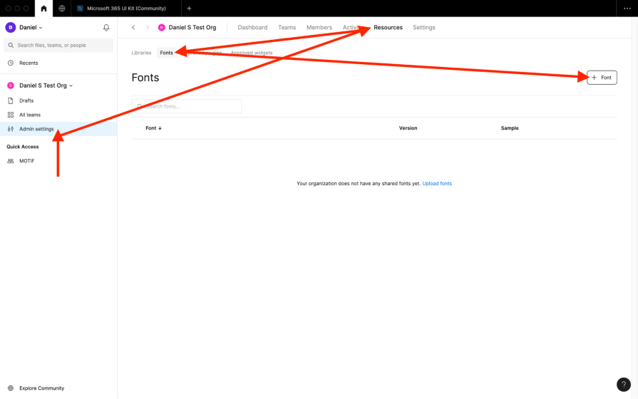 Figma Admin Settings and Resources and Fonts Buttons