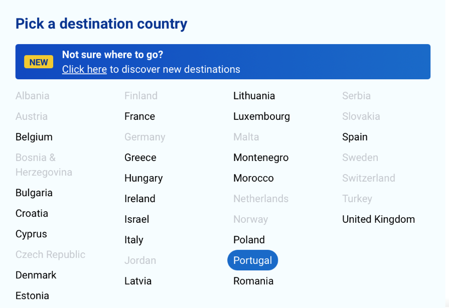 Picker Example of Destination Countries