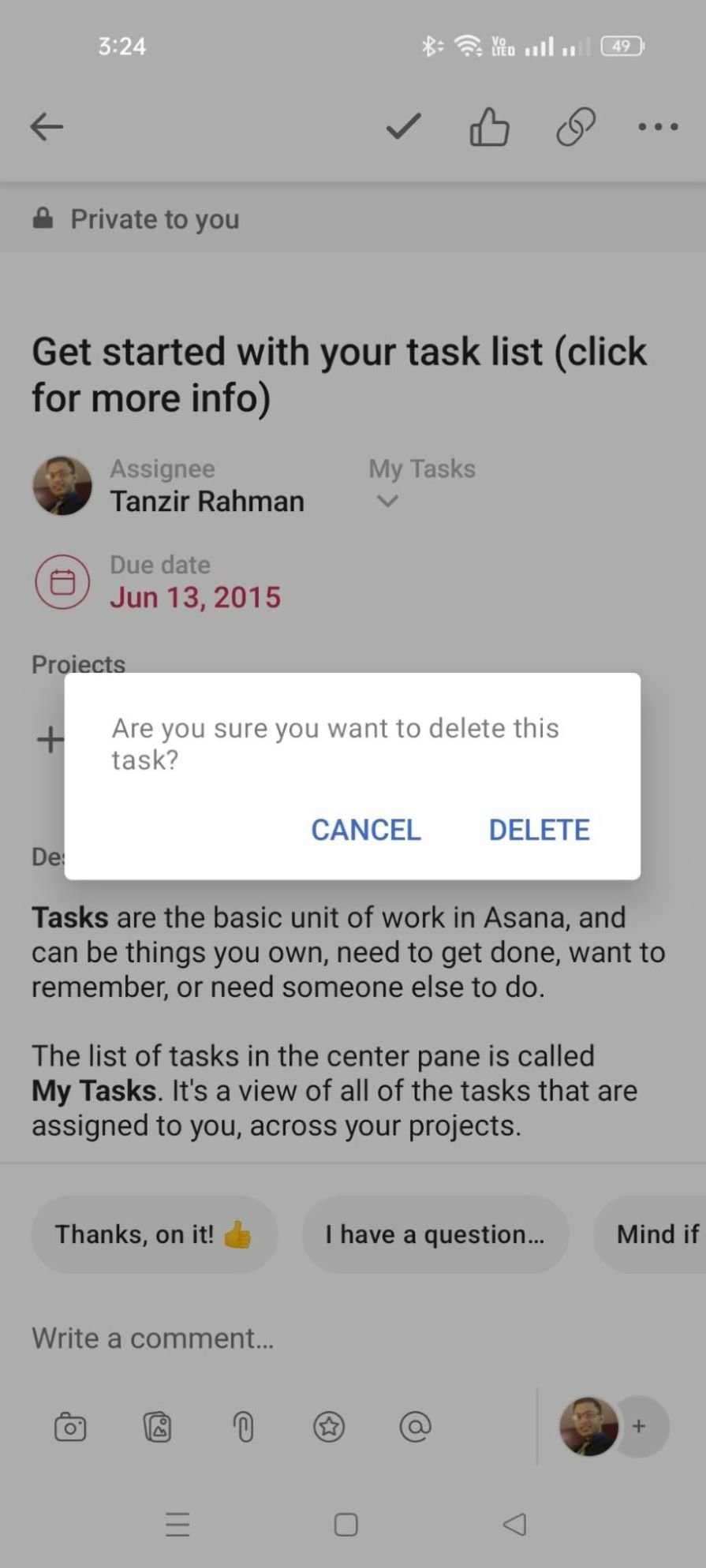 Asana Delete Task Modal