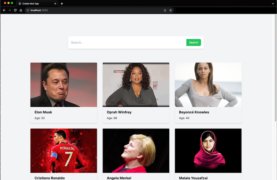 Next Js Ui Showing Search Bar And Grid List Of Celebrities From Dataset