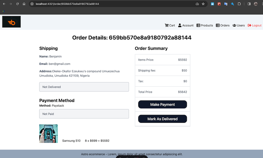 Sample Order Details Page On Astro Ecommerce Site