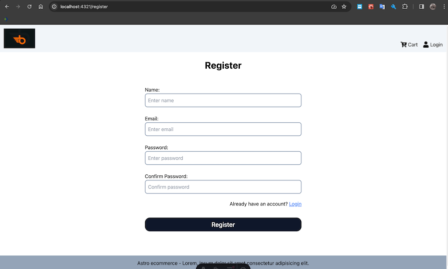 Astro Ecommerce Site User Registration Page Showing Fields For Name, Email, Password, And Password Confirmation Along With A Register Button And Link To Log Into Existing Account