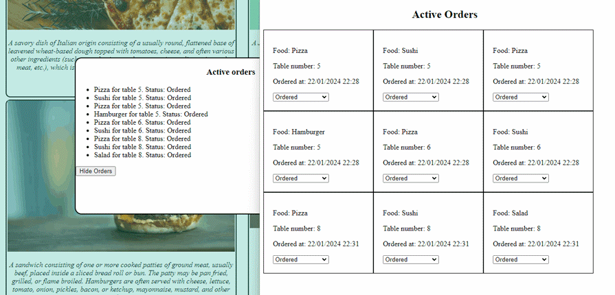 Customer Facing And Kitchen Facing Pages Shown Side By Side To Show Synchronous Updates Occurring As User Interacts With Active Order Screen