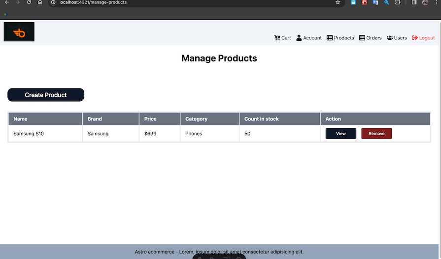 Astro Ecommerce Site Showing Table For Admin To View And Remove Products From List