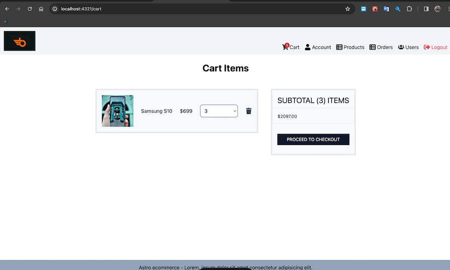 Sample Cart Details Page For Astro Ecommerce Site Showing Product Preview, Quantity, And Subtotal
