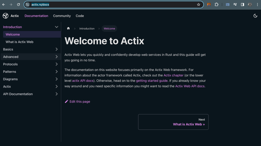 Actix Web Documentation Homepage