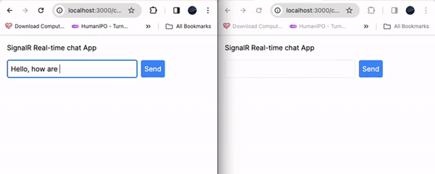 Real Time Chat App Demo Showing Message Being Sent In One Browser Window And Immediately Received In The Other