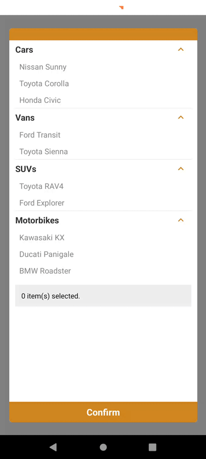 Multi Select Dropdown With Section Selection Disabled And Only Ability To Select Vehicle Models, Not Types