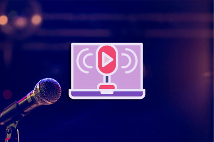 Podcast Logo on Laptop Screen Icon Over Microphone Background