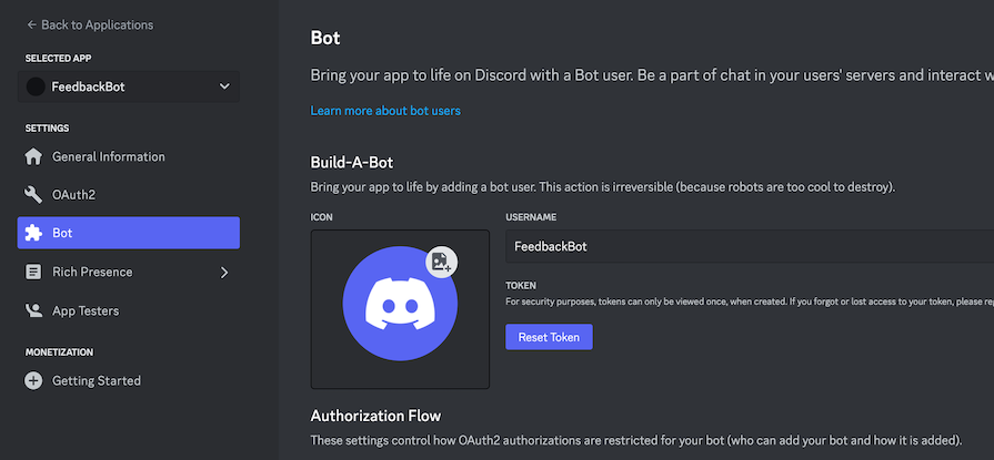 Demonstrating How To Retrieve A Bot Token In Discord