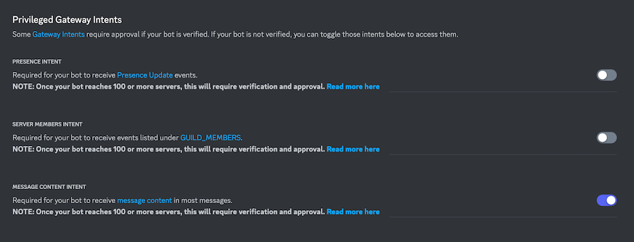 Enabling Message Content Intent Option Under Privileged Gateway Intents Settings In Discord