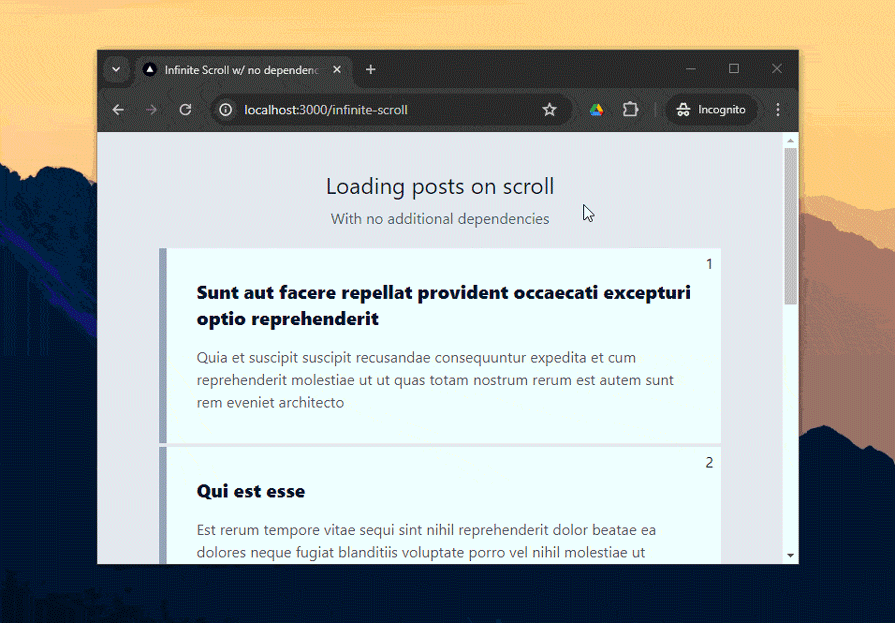 Demo Different Approach To Loading Posts On Scroll In Next Js By Scrolling To Bottom Of Visible List With Same Effect As Previous Approach But With No Dependencies Used