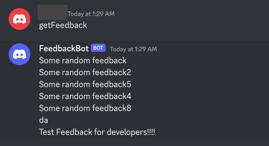 Discord Chat Open To Show User Testing The Feedback Bot's Notification Feature With Dummy Feedback