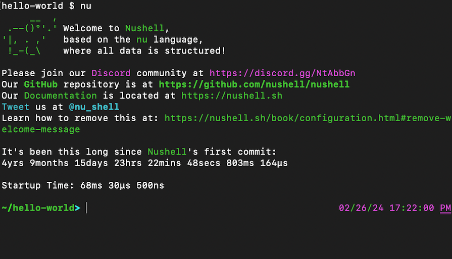 Introduction Message Followed By Command Prompt Shown After Running Command In Terminal To Activate Nushell