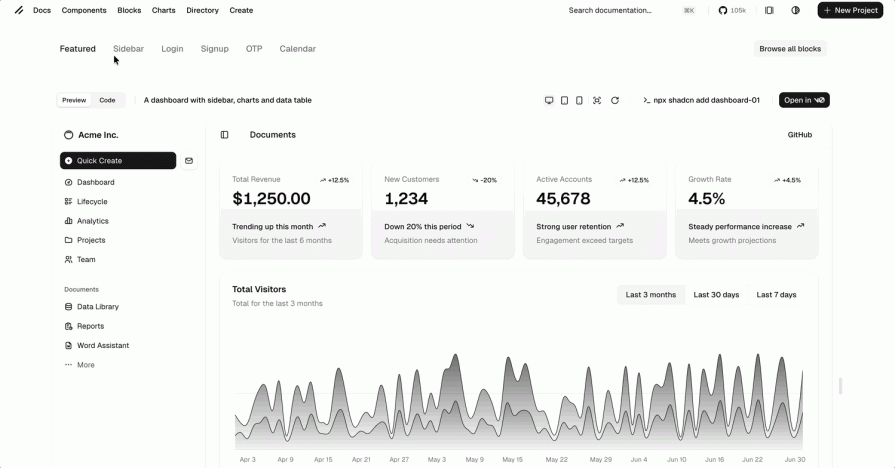 Blocks and Lift mode in Shadcn