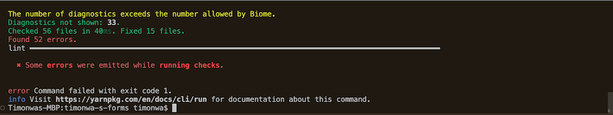 Output Of Command To Lint Biome Project Describing Errors Found