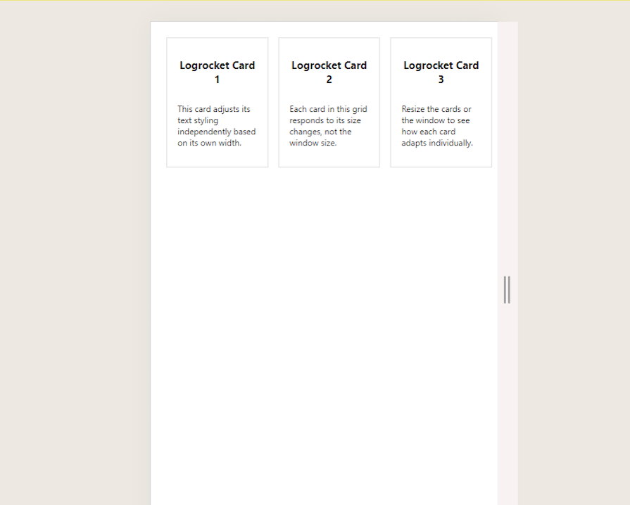 Demo Using The React Resize Detector Library, Which Utilizes Resizeobserver, To Display Three Responsive Card Elements. On Large Screens, The Cards Are Shown In A Single Row