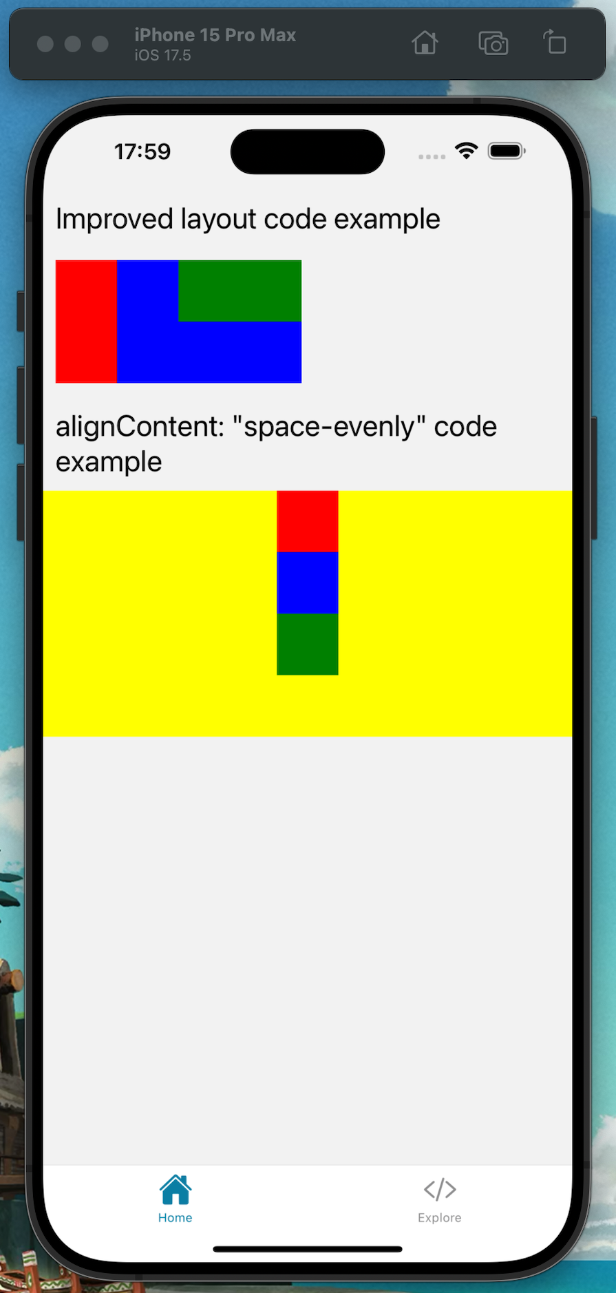 React Native Improved Layout Code With Evenly Spaced Red Green And Blue Boxes