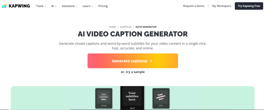 The Homepage of Kapwing AI Video Caption Generator