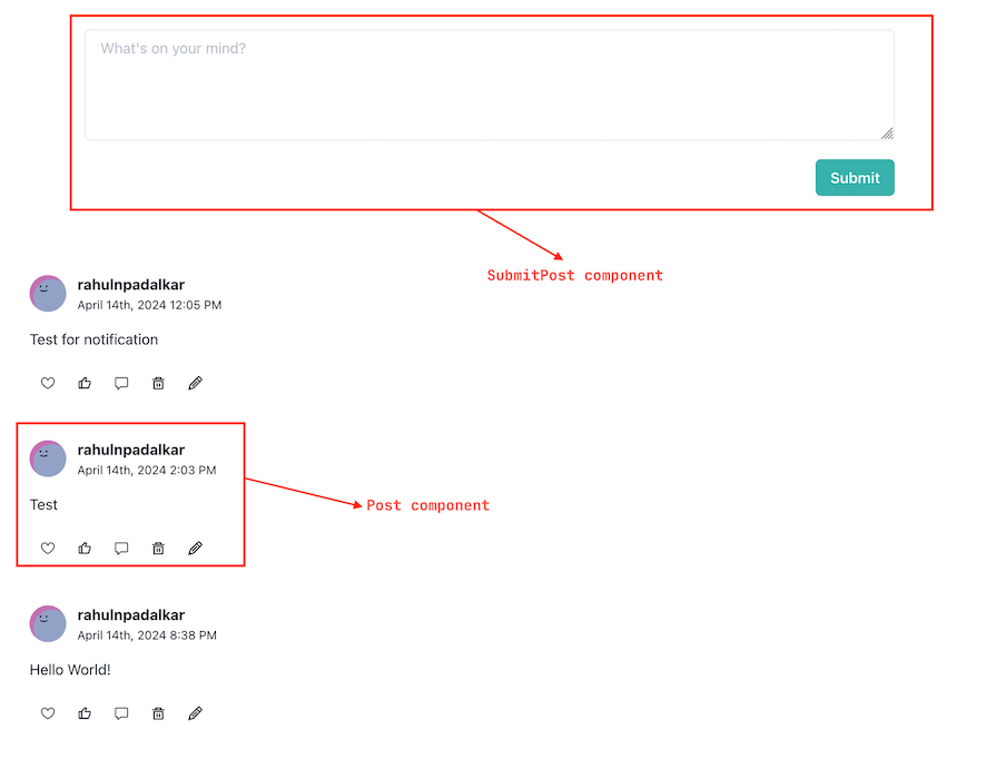Demo Of How Post And Submitpost Components Work Together, With Red Box And Labeled Arrow Pointing To Each Component