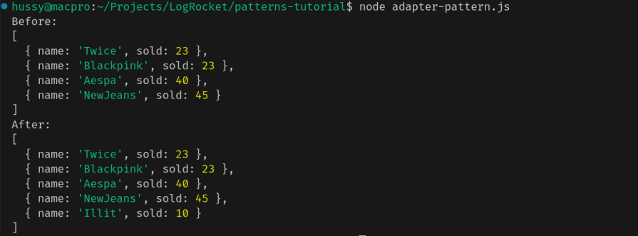 Output showing groups with sold albums using the adapter design method.