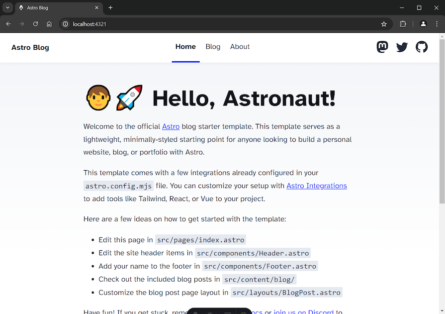 Astro Blog Template With Hello Message And Template Information