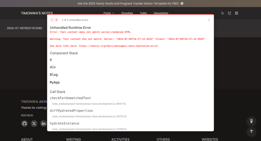 A screenshot of a webpage displaying an “Unhandled Runtime Error” pop-up. The error message states, “Error: Text content does not match server-rendered HTML.” It highlights a mismatch with the server timestamp “2024-07-06T18:57:12.032Z” and the client timestamp “2024-07-06T18:57:14.994Z.” The error illustrates a common hydration issue in React applications where the server-rendered HTML does not match the client-rendered content. The component stack shows the elements involved, and a link is provided for more information on resolving hydration errors.