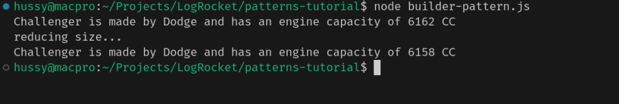 Dodge Challenger properties logged as an output using the builder design method.