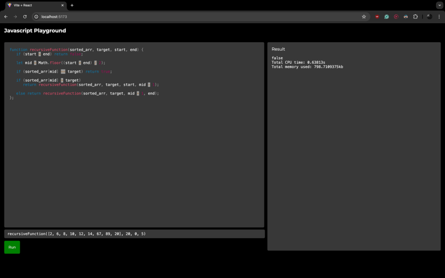 A screenshot of a “Javascript Playground” running a React app on localhost. The code editor on the left shows a recursive function in JavaScript, while the right panel displays the result, CPU time, and memory usage. The “Run” button is located at the bottom left.