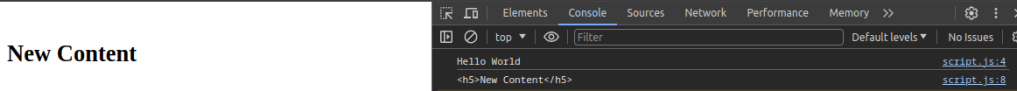 Webpage with ‘New Content’ heading and console log displaying updated HTML structure.