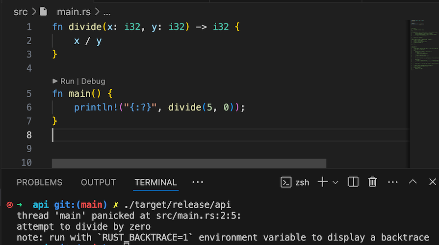 Example Divide By Zero Error In Rust With Terminal Message Describing Problem