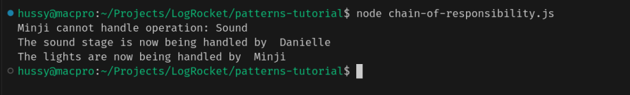 Express middleware function showing an output where responsibilities are delegated between theater members.