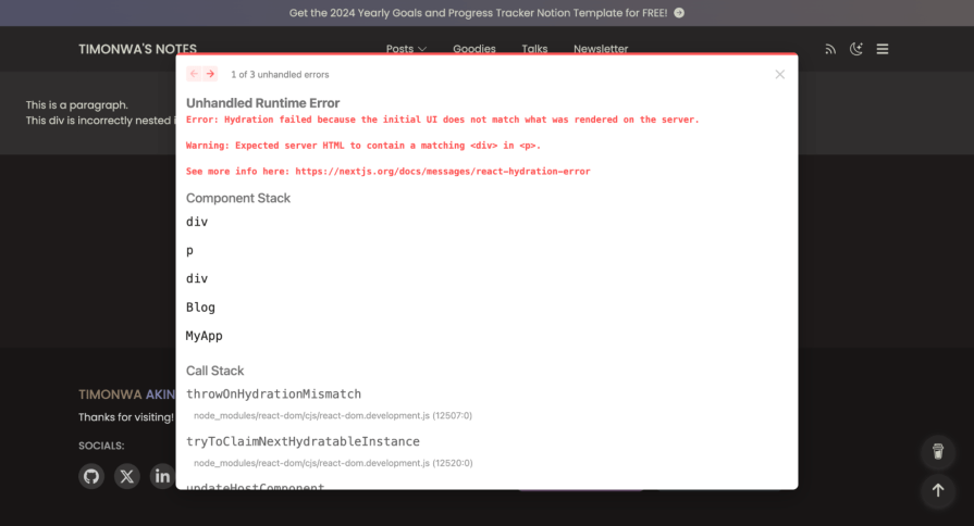 A screenshot of a webpage showing an “Unhandled Runtime Error” message in a white pop-up box. The error message states, “Error: Hydration failed because the initial UI does not match what was rendered on the server.” It also warns, “Expected server HTML to contain a matching in .” The error highlights an issue with incorrect HTML nesting, with a component stack showing the incorrect nesting of a tag inside a tag. This error is related to the article’s discussion on hydration errors caused by improper HTML structure.