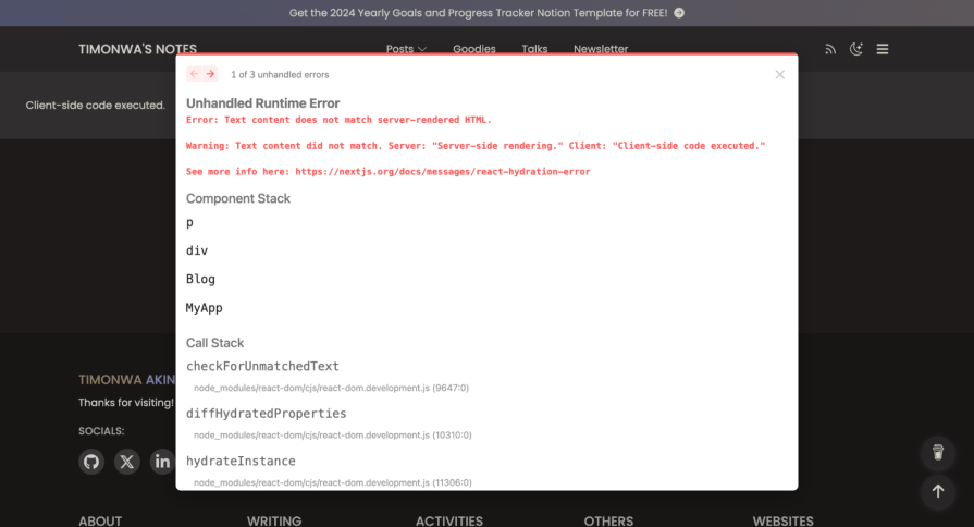 A screenshot of a webpage displaying an “Unhandled Runtime Error” pop-up. The error message states, “Error: Text content does not match server-rendered HTML.” It further clarifies, “Warning: Text content did not match. Server: ‘Server-side rendering.’ Client: ‘Client-side code executed.’” This indicates a mismatch between server-side and client-side rendered content, showcasing a typical hydration error when conditional rendering is not properly handled. The component stack and call stack details are visible, providing information on the elements and methods involved.