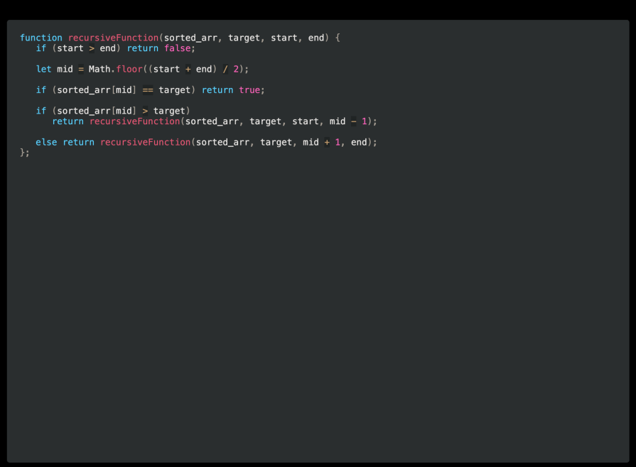 A close-up screenshot of a code editor within a “Javascript Playground” React app on localhost. The editor contains a JavaScript function named recursiveFunction that performs a binary search on a sorted array. The function takes four parameters: sorted_arr, target, start, and end. The code highlights various syntax elements in different colors, such as keywords, variables, and operators, demonstrating syntax highlighting within the editor.