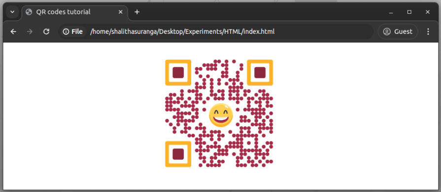 A modern QR code that places a smiling SVG emoji in the middle with red circles around it and orange and red squares in three corners.